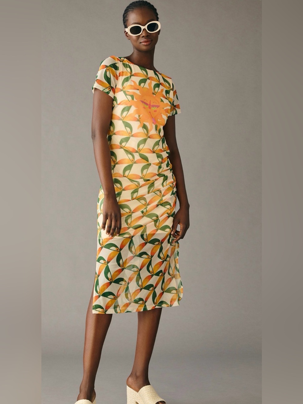 FARM Rio Cream, Orange & Green Printed Midi Dress - XLarge
